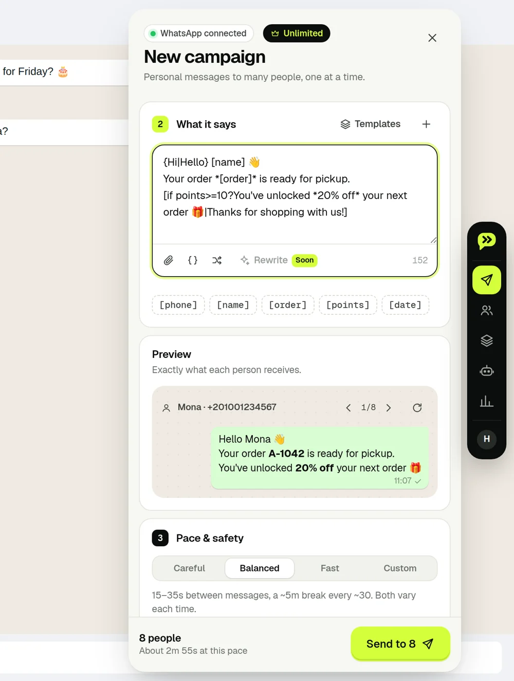 Composing a personalized campaign in Wassender